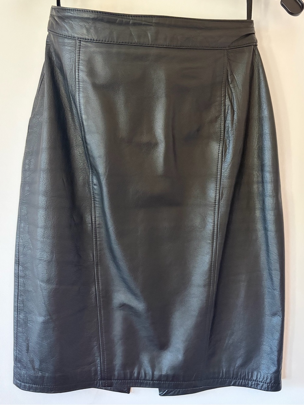 Vintage Pelle Cuir Black Leather Pencil Skirt 1980s High Waisted Midi 8 Fits 2